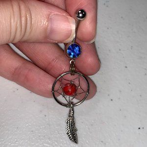 14 Gauge Dream Catcher Belly Ring, Sapphire blue gem with red bead and a gold sp